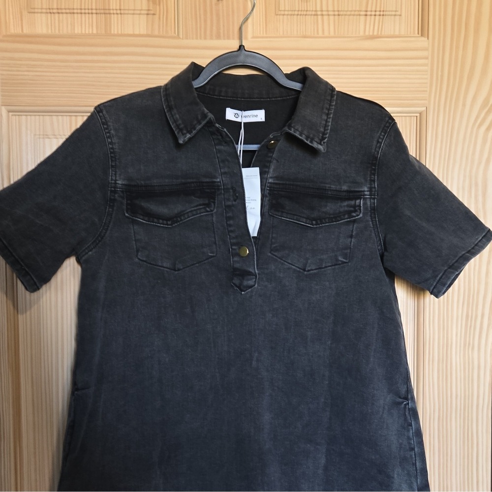 SIZE S / Wenrine Women's Black Denim Collared Short Sleeve Button Shirt Dres